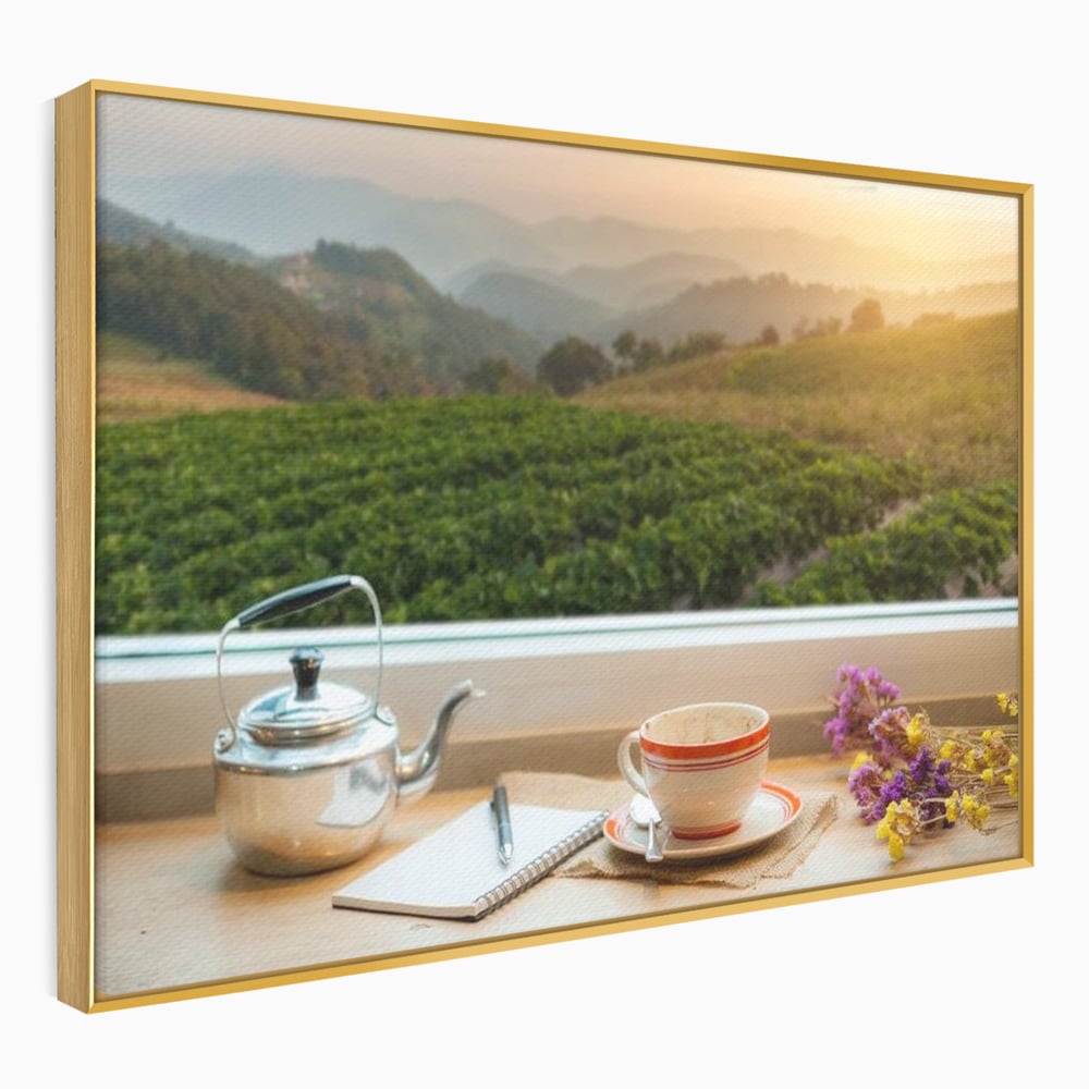 Tablou canvas cu tablou canvas cu peisaj matinal si ceainic pe pervaz, in rama de aluminiu auriu